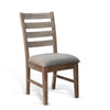 Wooden chair with a gray cushion on a white background.  Evy Ladderback Dining Chair available at Rustic Ranch Furniture and Decor.