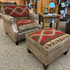 Chair and ottoman with patterned cushions in a furniture store setting. Charles Chair and Ottoman available at Rustic Ranch Furniture and Decor.