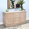 Wooden sideboard with decorative items in a room setting. Rowan Buffet available at Rustic Ranch Furniture and Decor.