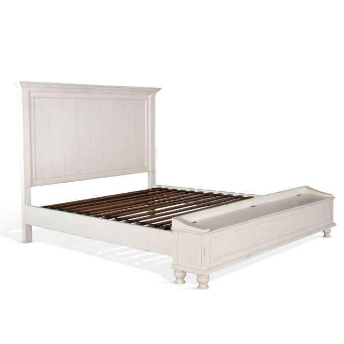 White wooden bed frame on a white background.  Carriage House Bed - King and Queen Sizing available at Rustic Ranch Furniture and Decor.