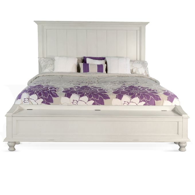 White bed with purple floral bedding on a white background.  Carriage House Bed - King and Queen Sizing available at Rustic Ranch Furniture and Decor.