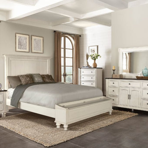 Neatly arranged bedroom with white furniture, including a bed and dresser.  Carriage House Bed - King and Queen Sizing available at Rustic Ranch Furniture and Decor.