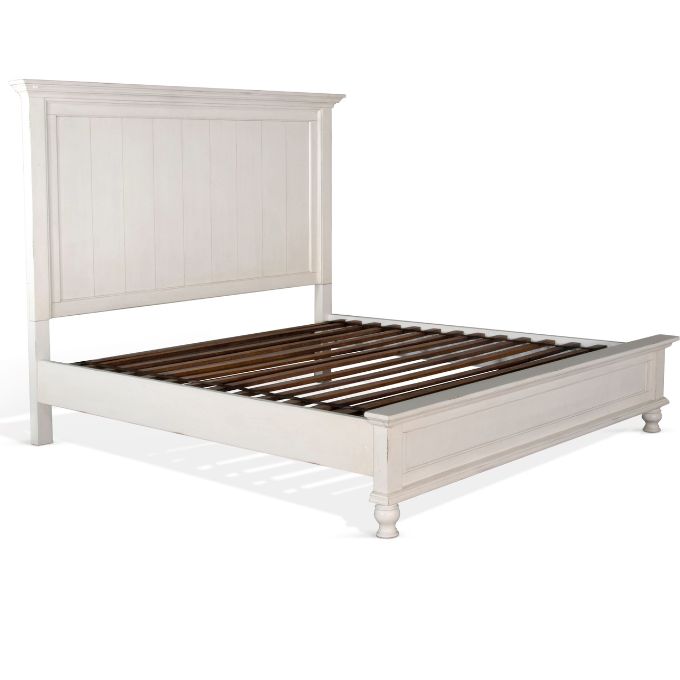 White wooden bed frame on a white background.  Carriage House Bed - King and Queen Sizing available at Rustic Ranch Furniture and Decor.