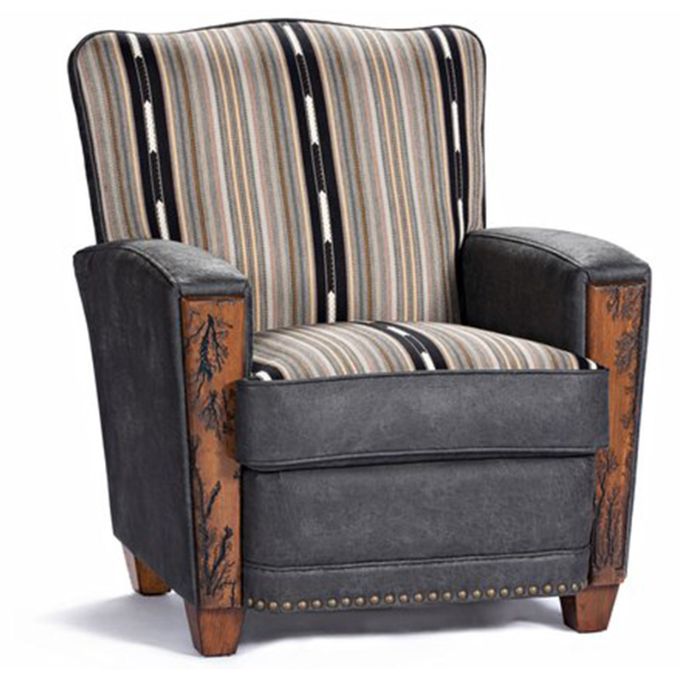 Chair with striped backrest and leather armrests on a white background.  Hollister Chair at Rustic Ranch Furniture and Decor.