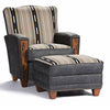 Chair and ottoman set with striped pattern on a white background.  Hollister Chair at Rustic Ranch Furniture and Decor.