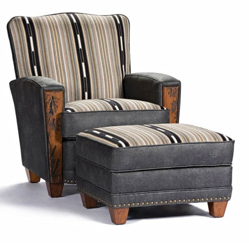 Chair and ottoman set with striped pattern on a white background.  Hollister Chair at Rustic Ranch Furniture and Decor.