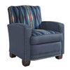 Blue armchair with striped pattern on a white background.  Hollister Chair at Rustic Ranch Furniture and Decor.