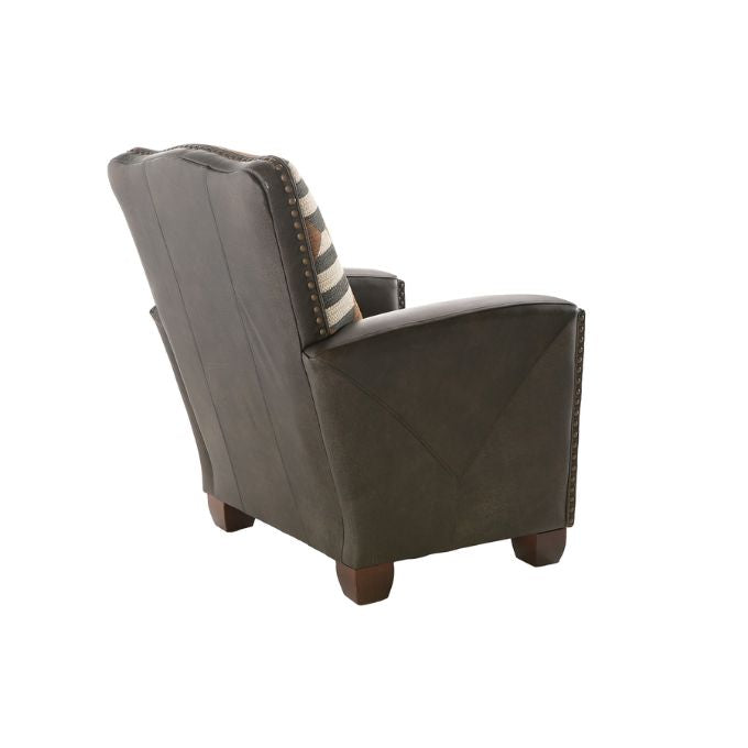 Brown leather armchair with patterned backrest on a white background.  Hollister Chair at Rustic Ranch Furniture and Decor.