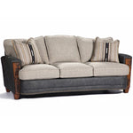 Beige sofa with wooden armrests and striped cushions on a white background.  The Hollister Sofa is  available at Rustic Ranch Furniture and Decor.