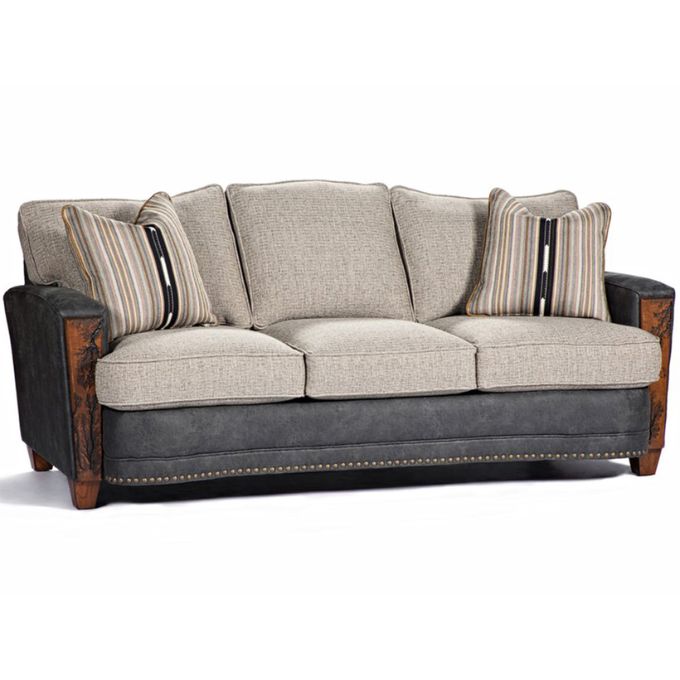 Beige sofa with wooden armrests and striped cushions on a white background.  The Hollister Sofa is  available at Rustic Ranch Furniture and Decor.