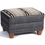 Gray ottoman with striped cushion on a white background. Hollister Ottoman available at Rustic Ranch Furniture and Decor.