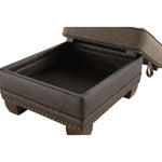 Brown storage ottoman with open lid on a white background. Hollister Ottoman available at Rustic Ranch Furniture and Decor.