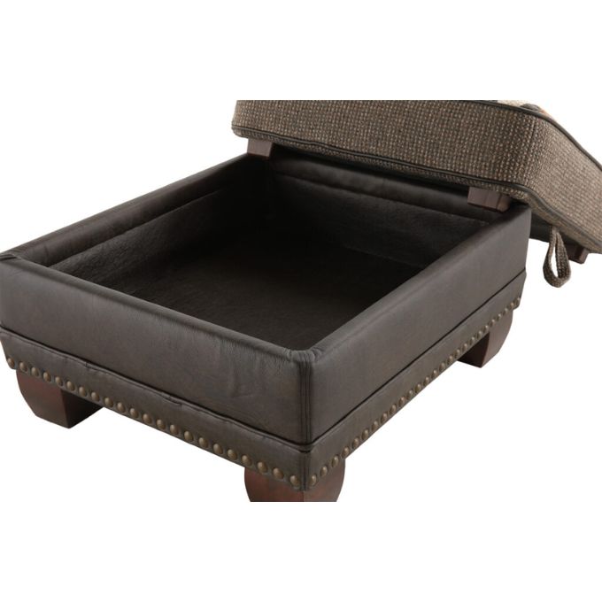 Brown storage ottoman with open lid on a white background. Hollister Ottoman available at Rustic Ranch Furniture and Decor.