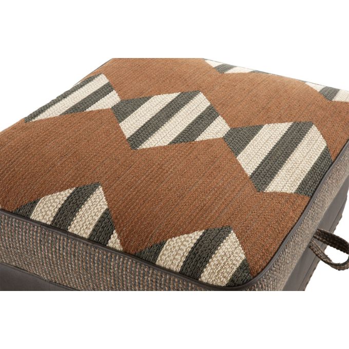 Patterned ottoman cushion with brown, beige, and black geometric design on a white background. Hollister Ottoman available at Rustic Ranch Furniture and Decor.