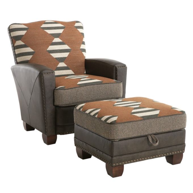 Chair and ottoman set with patterned brown, gray, and white upholstery on a white background. Hollister Ottoman available at Rustic Ranch Furniture and Decor.