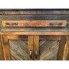 Wooden cabinet with rustic design and metal handles on a white background.  Jackson Hole Four Door Sideboard available at Rustic Ranch Furniture and Decor.
