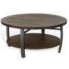 Round wooden coffee table with a lower shelf on a white background.  Homestead Round Coffee Table available at Rustic Ranch Furniture and Decor.