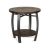Round wooden side table with metal legs on a white background. Homestead Round End Table available at Rustic Ranch Furniture and Decor.