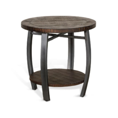 Round wooden side table with metal legs on a white background. Homestead Round End Table available at Rustic Ranch Furniture and Decor.
