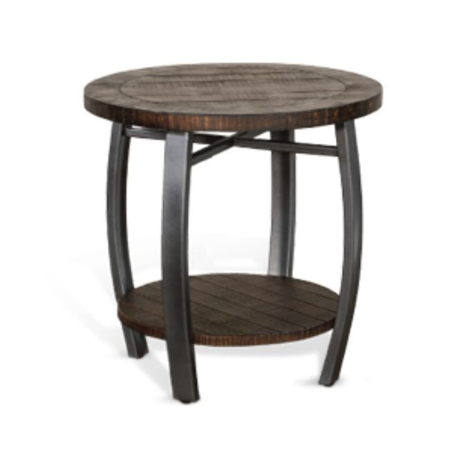 Round wooden side table with metal legs on a white background. Homestead Round End Table available at Rustic Ranch Furniture and Decor.