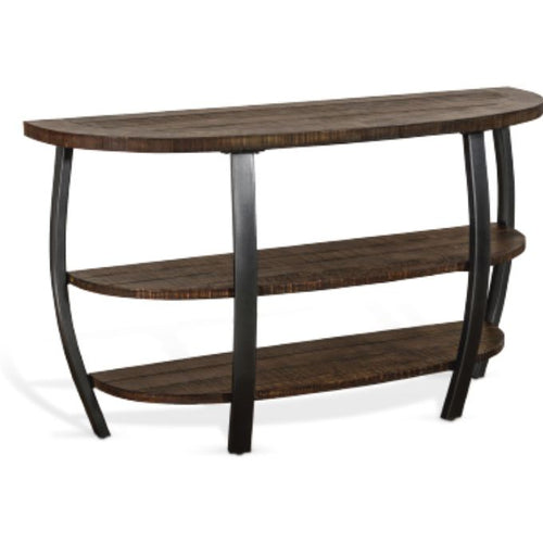 Wooden console table with black metal legs on a white background. Homestead Rounded Sofa Table available at Rustic Ranch Furniture and Decor.