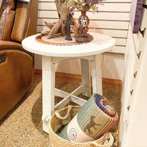 White Sand Round End Table available at Rustic Ranch Furniture and Decor.