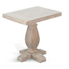 Wooden side table with a square top and pedestal base on a white background. Gianna End Table available at Rustic Ranch Furniture and Decor.