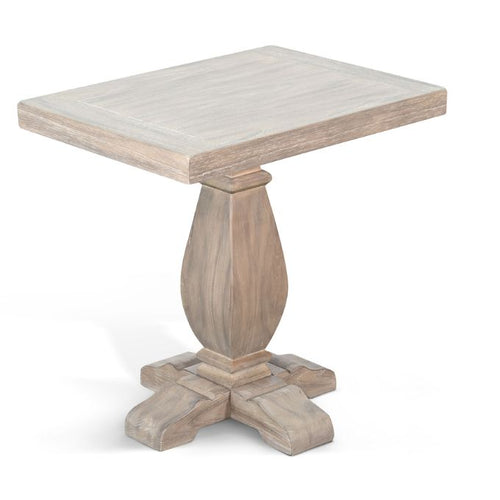 Wooden side table with a square top and pedestal base on a white background. Gianna End Table available at Rustic Ranch Furniture and Decor.