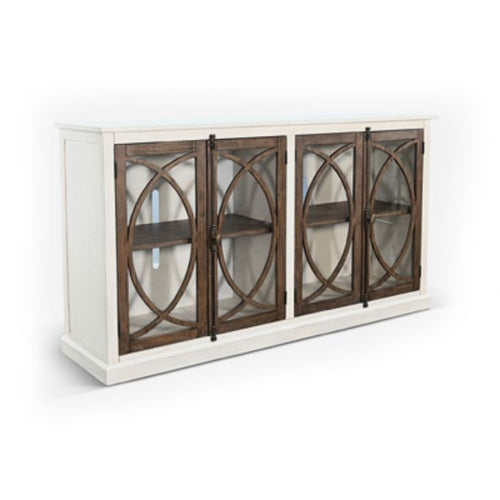 Cabinet with wooden doors and glass panels on a white background. Pasadena Media Console - 78" available at Rustic Ranch Furniture and Decor.