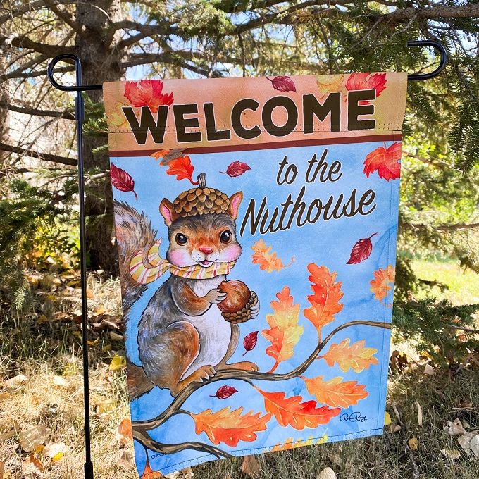 Welcome to the Nut House Garden Flag