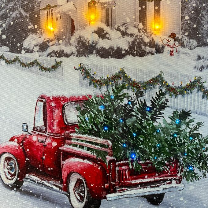 Red Truck and Church LED Canvas Picture