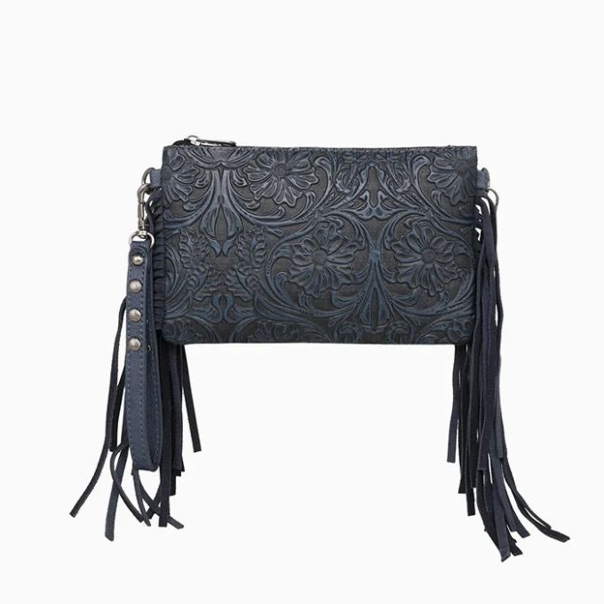 Floral Fringe Crossbody Bag - Navy