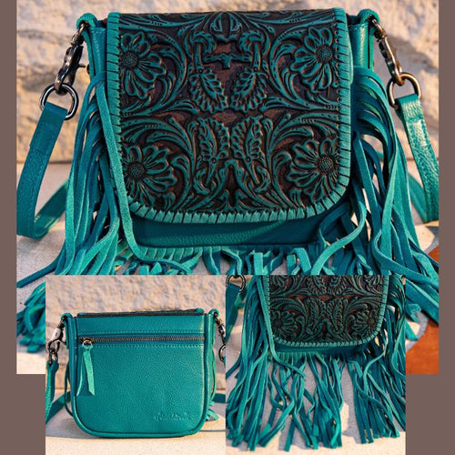 Tooled Leather Fringe Crossbody - Three Colours