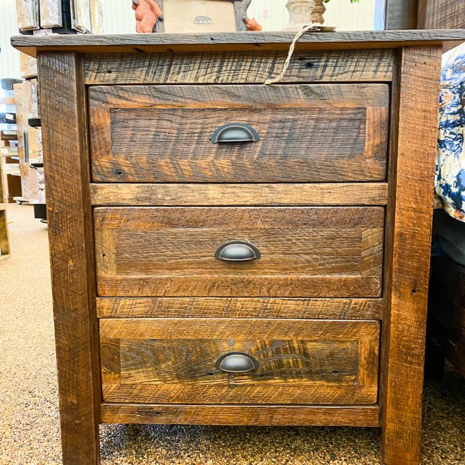 Barnwood Barndoor Three Drawer Nightstand available at Rustic Ranch Furniture and Decor.