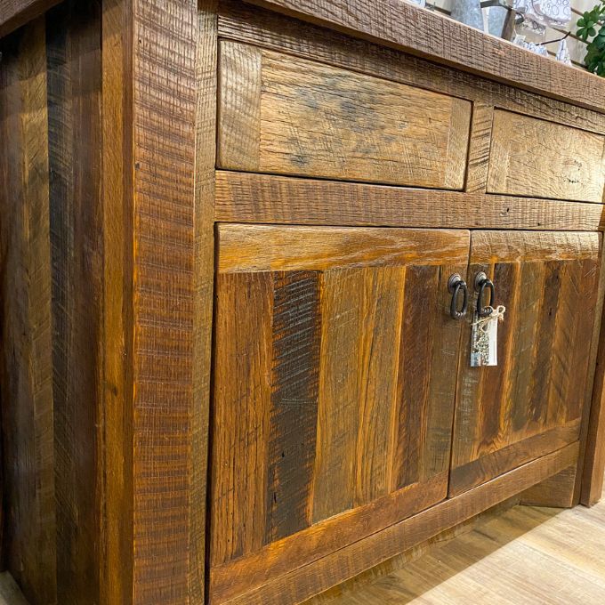 Barnwood Vanity with Edged Laminate Top available at Rustic Ranch Furniture and Decor.