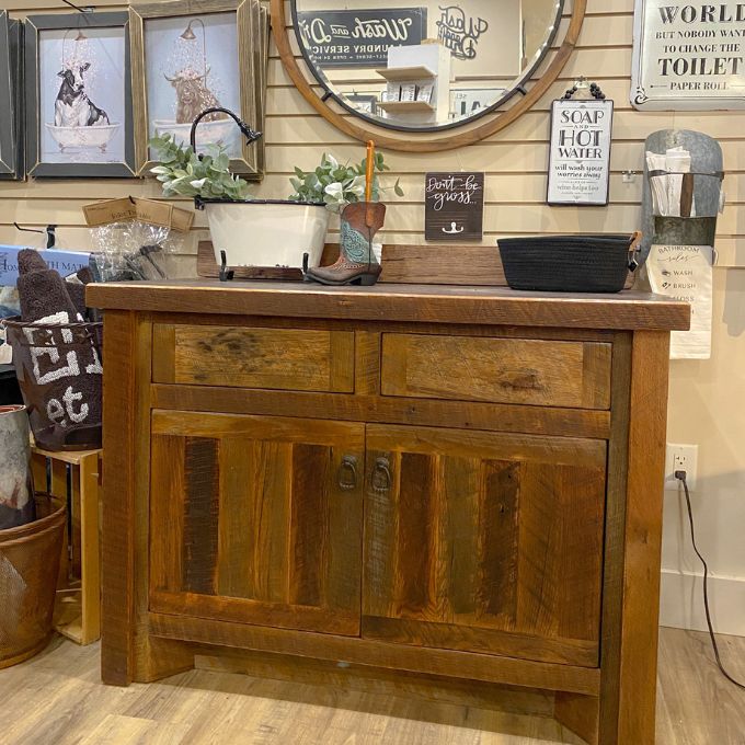 Barnwood Vanity with Edged Laminate Top available at Rustic Ranch Furniture and Decor.