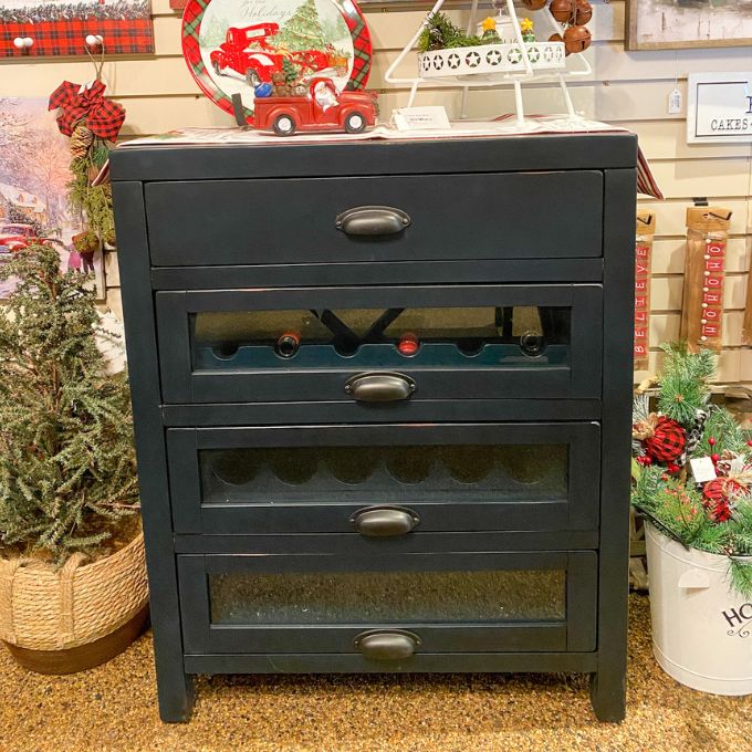 Deep Blue Four Drawer Wine Server available at Rustic Ranch Furniture and Decor.