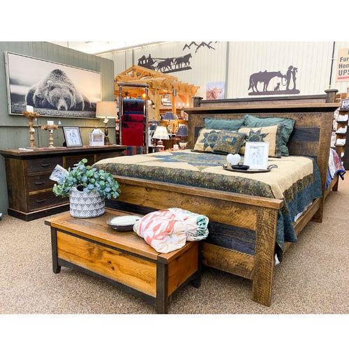 Wooden bed with matching nightstands and a dresser in a bedroom setting.  Fireside bed available at Rustic Ranch Furniture and Decor.