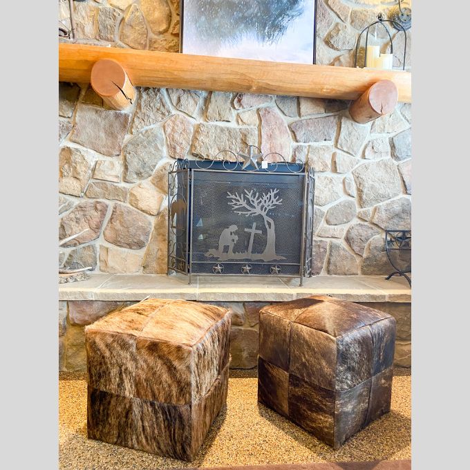 Cow Hide Poufs available at Rustic Ranch Furniture and Decor.