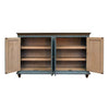 Wooden cabinet with open doors on a white background. Margot Sky Blue Cabinet available at Rustic Ranch Furniture and Decor.