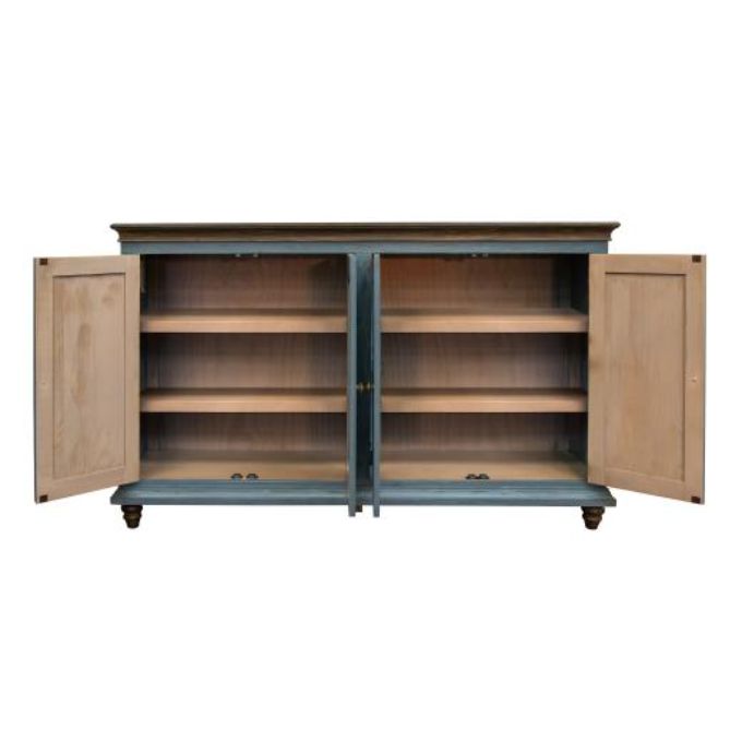 Wooden cabinet with open doors on a white background. Margot Sky Blue Cabinet available at Rustic Ranch Furniture and Decor.