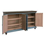 Wooden cabinet with open doors on a white background. Margot Sky Blue Cabinet available at Rustic Ranch Furniture and Decor.