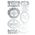 Collection of vintage-style product labels on a white background.Figgy & Flourish Transfer by IOD available at Rustic Ranch Furniture and Decor.