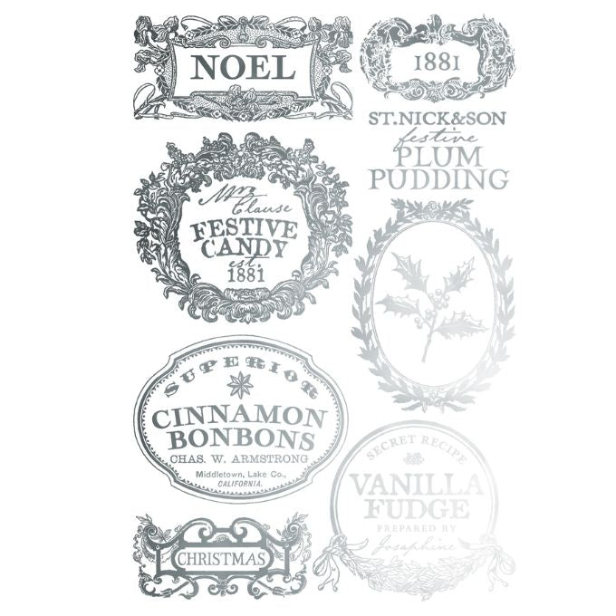 Collection of vintage-style product labels on a white background.Figgy & Flourish Transfer by IOD available at Rustic Ranch Furniture and Decor.