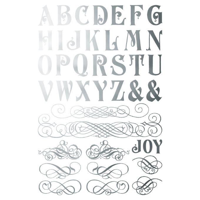 Decorative alphabet letters and ornate designs. Figgy & Flourish Transfer by IOD available at Rustic Ranch Furniture and Decor.