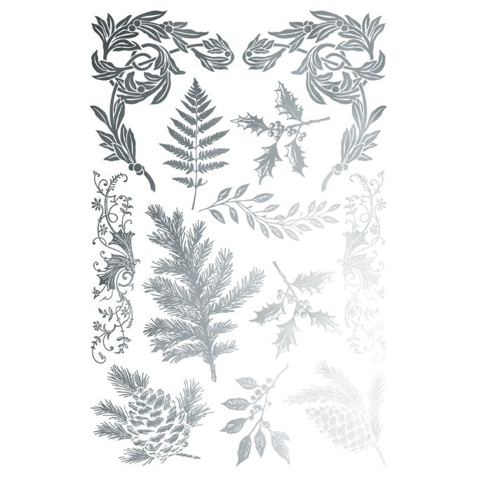 Decorative arrangement of silver leaves, branches, and pinecones on a white background. Figgy & Flourish Transfer by IOD available at Rustic Ranch Furniture and Decor.