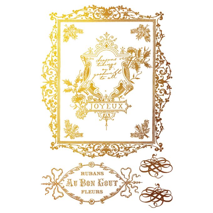 Decorative gold frame with floral elements and text on a white background. Figgy & Flourish Transfer by IOD available at Rustic Ranch Furniture and Decor.