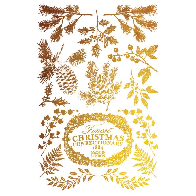Decorative design with gold Christmas confectionery text surrounded by festive elements on a white background. Figgy & Flourish Transfer by IOD available at Rustic Ranch Furniture and Decor.