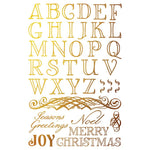 Decorative alphabet and Christmas greetings in gold on a white background. Figgy & Flourish Transfer by IOD available at Rustic Ranch Furniture and Decor.