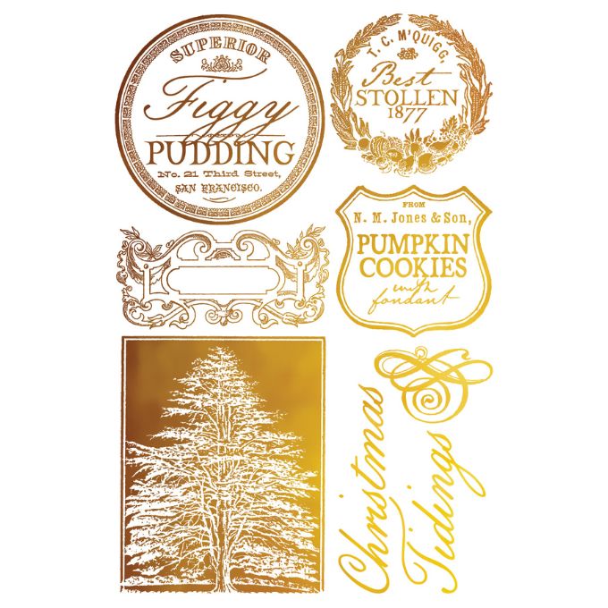 Collection of vintage-style product labels on a white background. Figgy & Flourish Transfer by IOD available at Rustic Ranch Furniture and Decor.